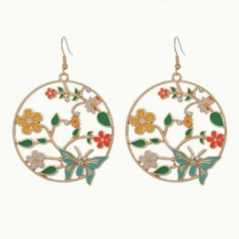 24k Gold Plated Flower Butterfly Water Drop Hoop Earrings